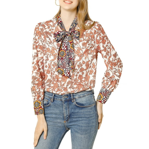 INSPIRE CHIC Women's Boho Floral Print Long Sleeves Bow Tie V Neck Blouse Top L Orange