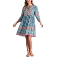 thumbnail image 1 of INSPIRE CHIC Women's Boho Floral Tie Neck 3/4 Puff Sleeve Babydoll Swing Mini Dress L Blue, 1 of 5