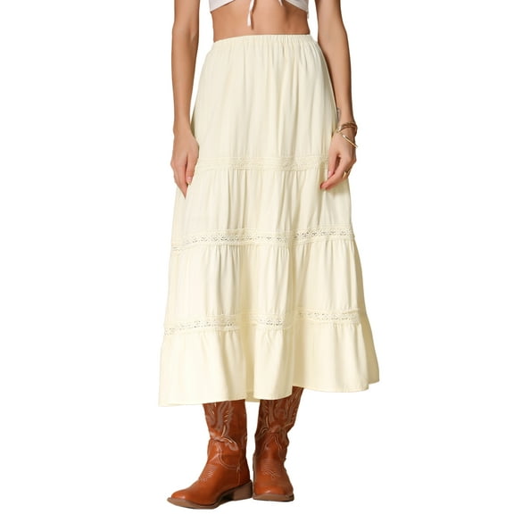 INSPIRE CHIC Women's Boho Flowy Elastic High Waist Lace Trim Tiered Long Skirt XL Apricot