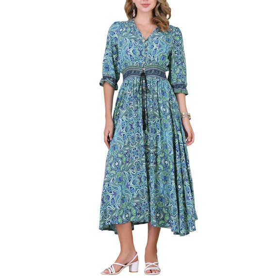INSPIRE CHIC Women's Boho Maxi Dress Summer Beach Smocked 3/4 Sleeves Long Floral Dresses S Blue