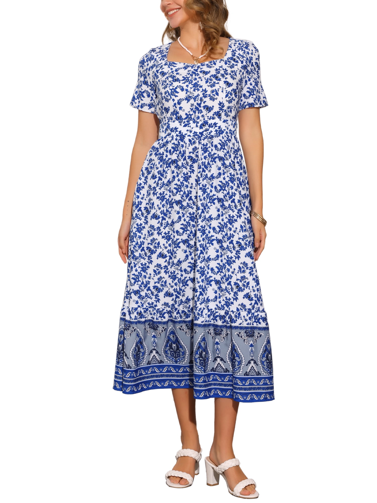 INSPIRE CHIC Women's Boho Short Sleeve Sweetheart Neck Floral Print A-Line Midi  Dresses XS White - Walmart.com
