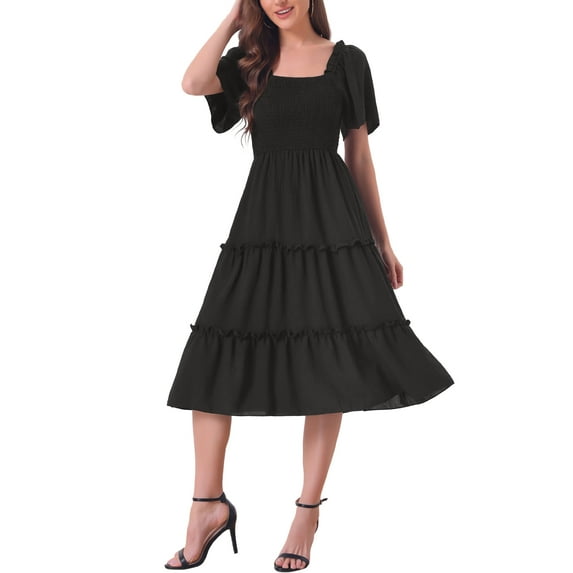 INSPIRE CHIC Women's Boho Square Neck Short Sleeve Flowy Smocked Midi Dress S Black