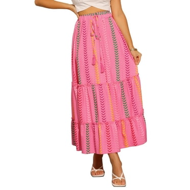 INSPIRE CHIC Women's Boho Tassels Straps Flowy Pattern Tiered Maxi Skirt XS Pink