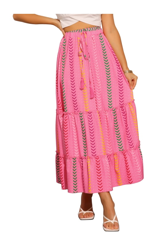 Women's Boho Tassels Straps Flowy Pattern Tiered Maxi Skirt XS Pink