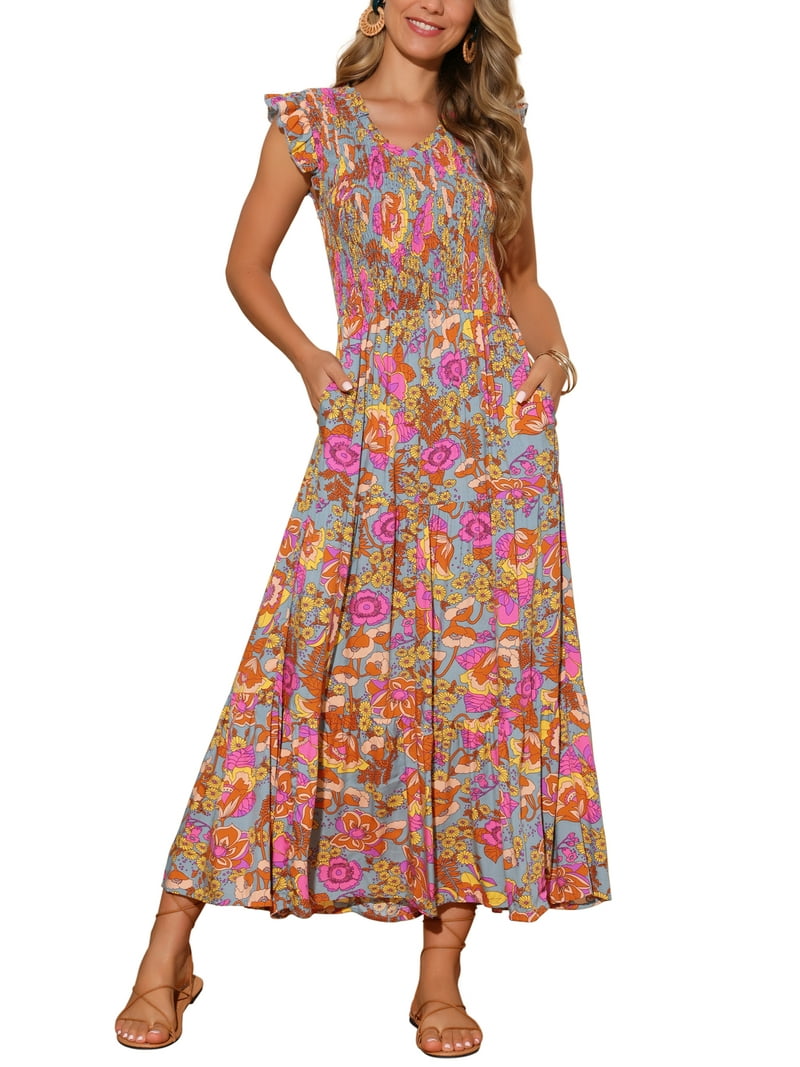 INSPIRE CHIC Women's Summer Dresses Casual Cap Sleeve V Neck Smocked Floral  Ruffle Tiered Flowy Beach Maxi Dress L Grey Green - Walmart.com