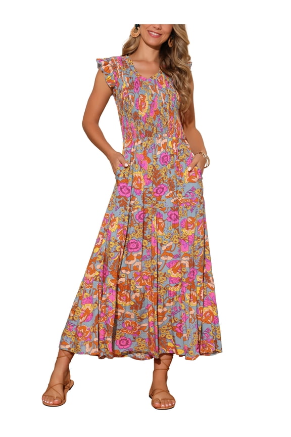 Women's Summer Dresses Casual Cap Sleeve V Neck Smocked Floral Ruffle Tiered Flowy Beach Maxi Dress M Grey Green