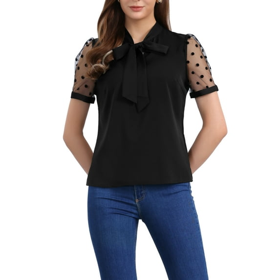 INSPIRE CHIC Women's Bow Tie Neck V Neck Stand Collar Short Mesh Sleeve Blouse XS Black