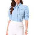 thumbnail image 1 of INSPIRE CHIC Women's Bow Tie Solid Color Puff Short Sleeve Button Down Bodysuit Blouse L Sky Blue, 1 of 6