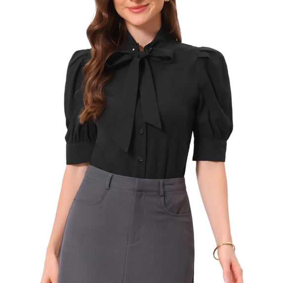 INSPIRE CHIC Women's Bow Tie Solid Color Puff Short Sleeve Button Down Bodysuit Blouse M Black