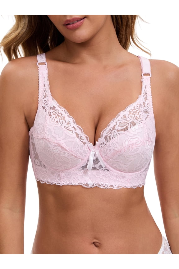 Women's Breathable Bras, Underwired Lace Fixed Adjustable Straps Push-up 3/4 Cup Bralette C 40 Pink