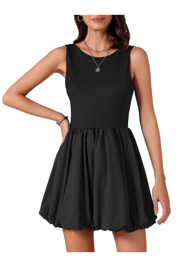Women's Bubble Dress Summer 2025 Casual Sundress Sleeveless Crew Neck Tank Mini Short Dresses S Black