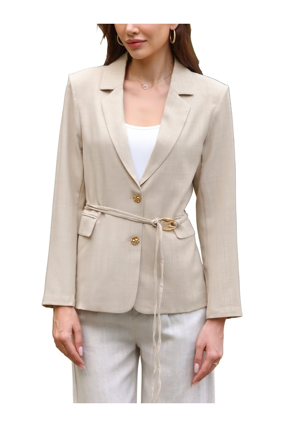 Women's Business Casual Blazer 2026 Long Sleeve Tie Waist Summer Spring Jacket with Pocket 2XL Khaki