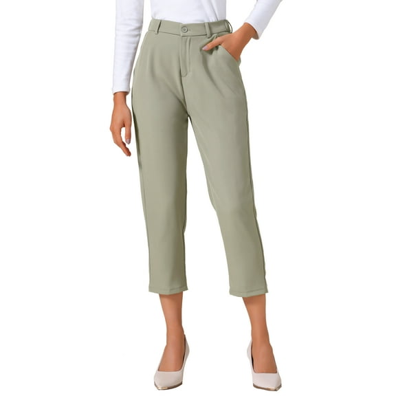 INSPIRE CHIC Women's Business Casual Pants Cropped Length Work Office Trousers with Pockets L Khaki