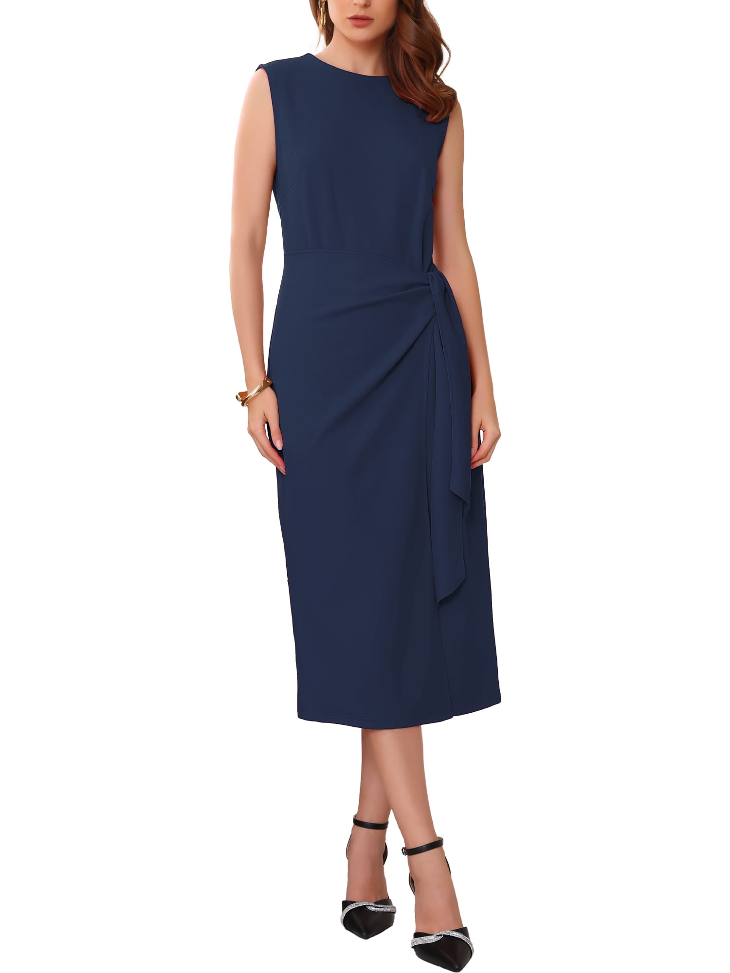 Inspire Chic Women's Business Cocktail Dress 2025 Front Tie Wrap Formal Elegant Sleeveless Sheath Dresses L Black, Size: Large, Blue