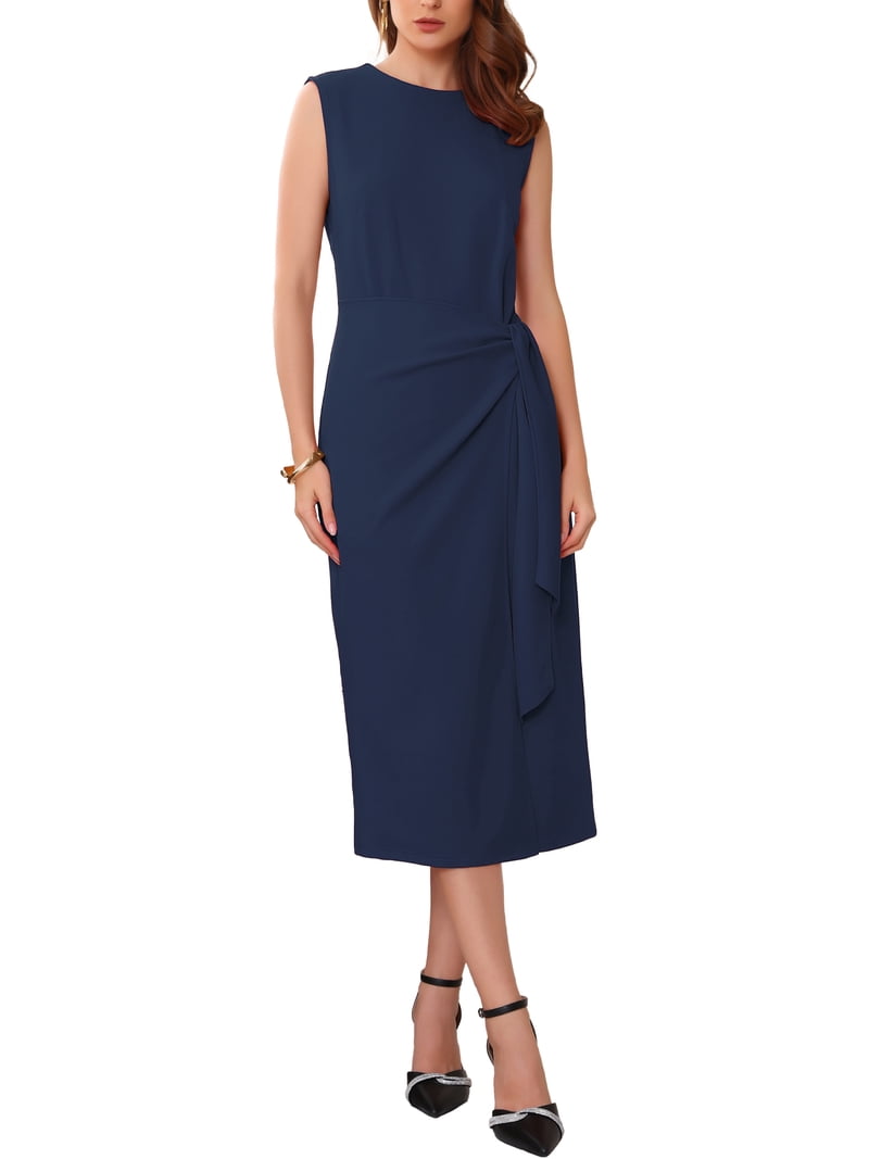 Inspire Chic Women's Business Cocktail Dress Front Tie Wrap Formal Elegant Sleeveless Sheath Dresses M Dark Blue, Size: Medium