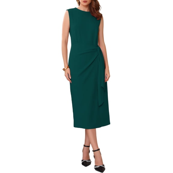 INSPIRE CHIC Women's Business Cocktail Dress 2025 Front Tie Wrap Formal Elegant Sleeveless Sheath Dresses M Dark Green
