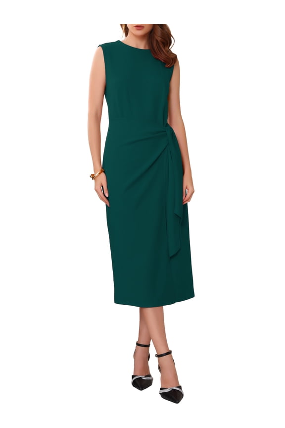 Women's Business Cocktail Dress 2025 Front Tie Wrap Formal Elegant Sleeveless Sheath Dresses XL Dark Green