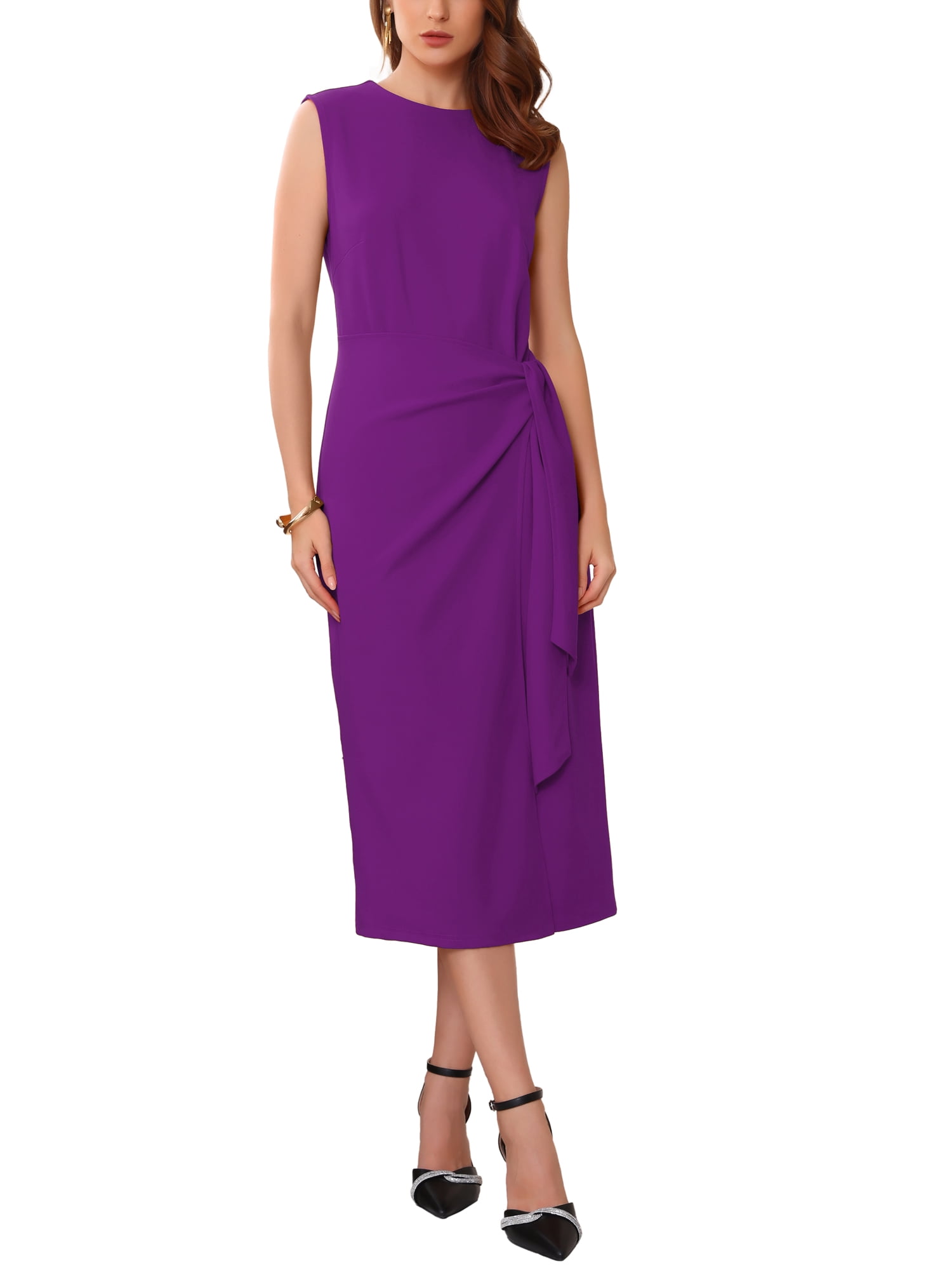 INSPIRE CHIC Women's Business Cocktail Dress Front Tie Wrap Formal Elegant Sleeveless Sheath Dresses L Black