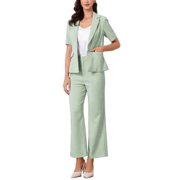 INSPIRE CHIC Women's Business Office Suit Set One Button Short Sleeve Blazer and Suit Pants M Pea Green