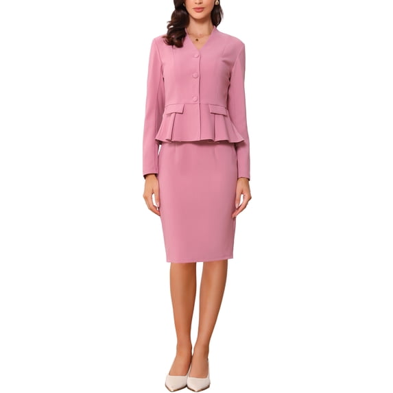 INSPIRE CHIC Women's Suit Sets Business Outfits Collarless Peplum Blazer Formal Pencil Skirt Suit 2 Piece Set XL Dark Rose