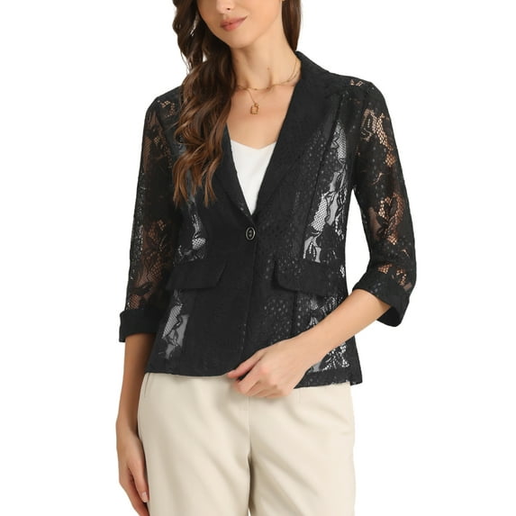 INSPIRE CHIC Women's Bussiness Casual Blazers Floral Lace 3/4 Sleeve Single Button Elegant Blazer Suits XL Black