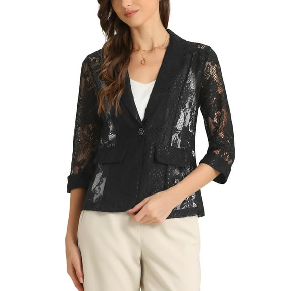 INSPIRE CHIC Women's Bussiness Casual Blazers Floral Lace 3/4 Sleeve Single Button Elegant Blazer Suits XS Black