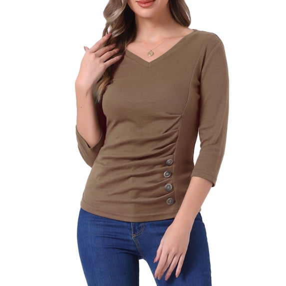 INSPIRE CHIC Women's Ruched Blouse Button Decor V Neck 3/4 Sleeve Solid Knit Top L Dark Khaki