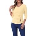 thumbnail image 1 of INSPIRE CHIC Women's Ruched Blouse Button Decor V Neck 3/4 Sleeve Solid Knit Top S Apricot, 1 of 7