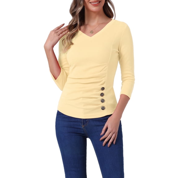 INSPIRE CHIC Women's Ruched Blouse Button Decor V Neck 3/4 Sleeve Solid Knit Top XL Apricot