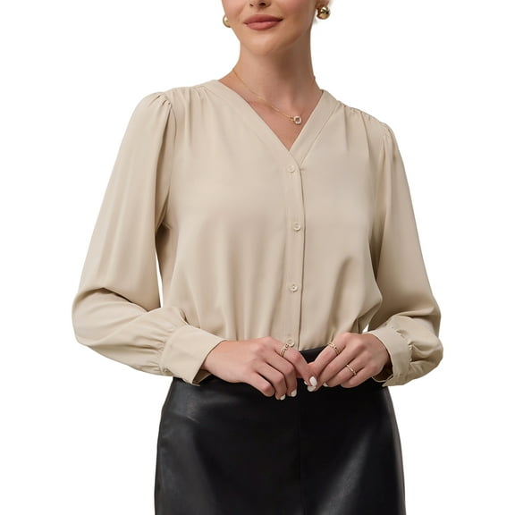 INSPIRE CHIC Women's Button Down Bodysuit Long Sleeve V Neck Classic Business Work Shirt Top L Beige