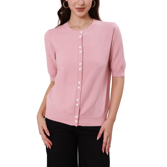 INSPIRE CHIC Women's Button Down Cardigan Knit Sweater Lightweight Crew Neck Puff Short Sleeve Casual Cardigans M Pink