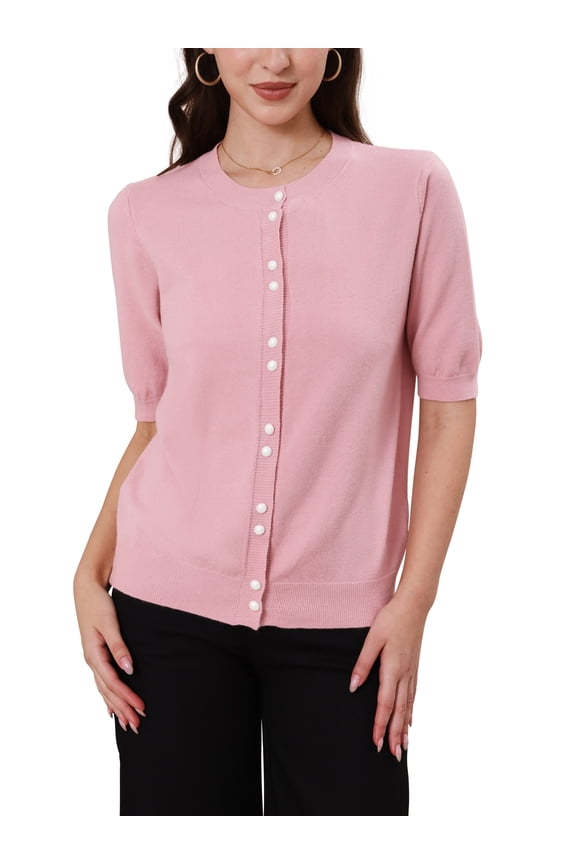 Women's Button Down Cardigan Knit Sweater Lightweight Crew Neck Puff Short Sleeve Casual Cardigans S Pink
