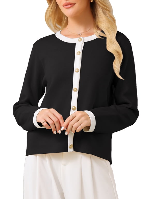 Women's Button Down Cardigan Sweater Crewneck Contrast Trim Long Sleeve Knit Ribbed Jacket 2XL Black
