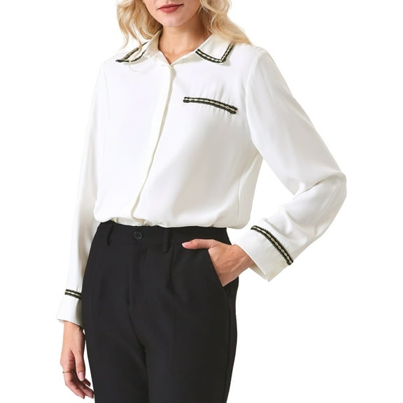 INSPIRE CHIC Women's Button Down Collared Long Sleeve Tweed Trim Office Blouse S White
