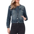 thumbnail image 1 of INSPIRE CHIC Women's Button Down Collarless Long Sleeve Cropped Denim Jacket M Washed Blue, 1 of 6