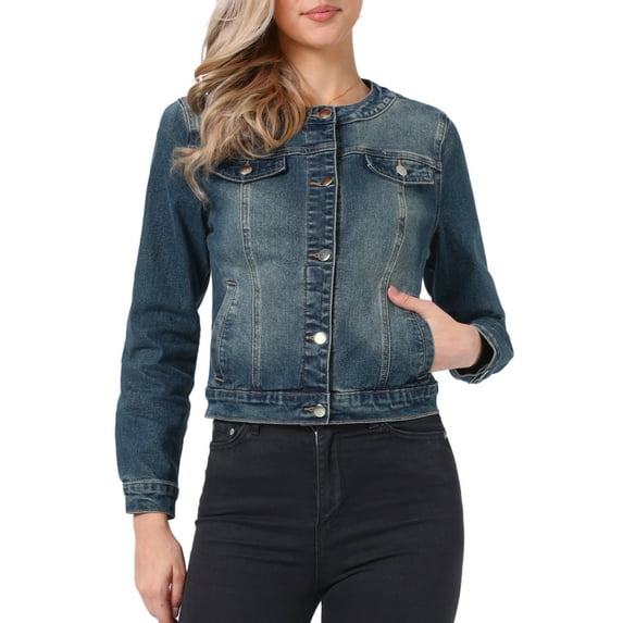 INSPIRE CHIC Women's Button Down Collarless Long Sleeve Cropped Denim Jacket M Washed Blue