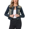 thumbnail image 1 of INSPIRE CHIC Women's Button Down Collarless Long Sleeve Cropped Denim Jacket XL Vintage Blue, 1 of 7