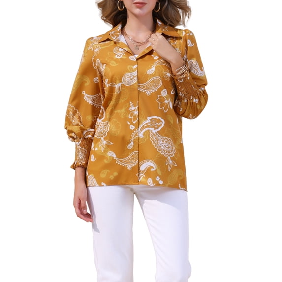 INSPIRE CHIC Women's Button Down Floral Long Sleeve Shirred Ruffle Hem Chiffon Blouse L Orange