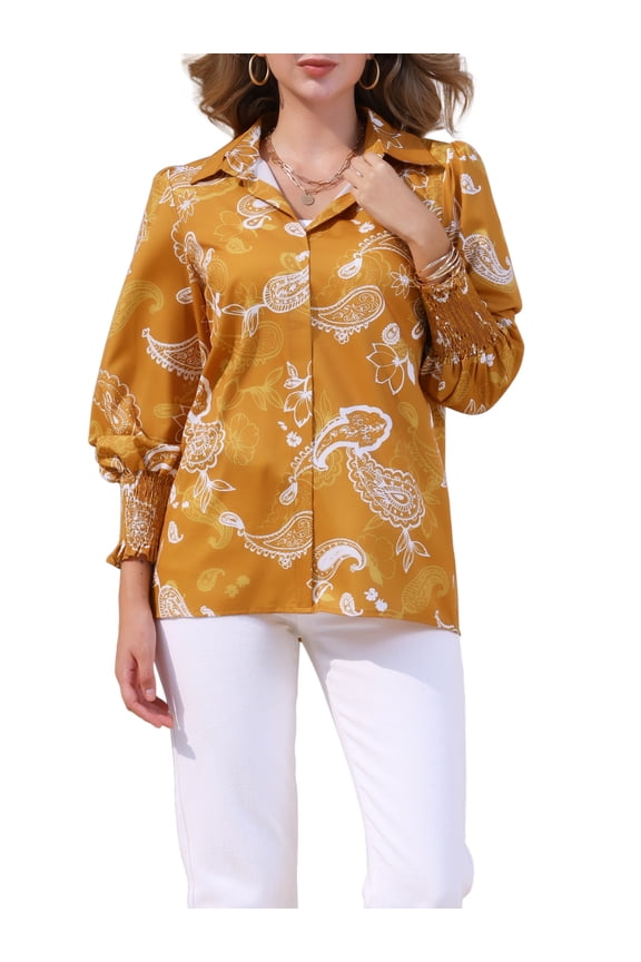 Women's Button Down Floral Long Sleeve Shirred Ruffle Hem Chiffon Blouse L Orange