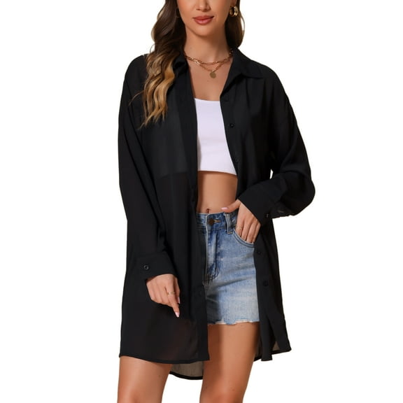 INSPIRE CHIC Women's Button Down Long Sleeve Turndown Collar Wrinkle-Free Casual Blouse XL Black