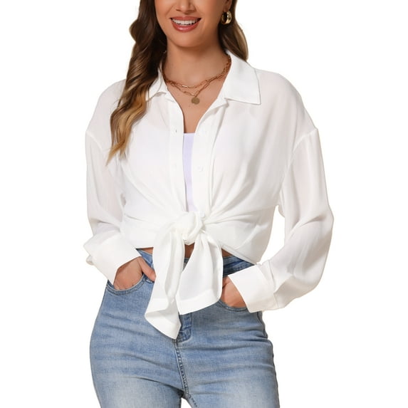 INSPIRE CHIC Women's Button Down Long Sleeve Turndown Collar Wrinkle-Free Casual Blouse XS White
