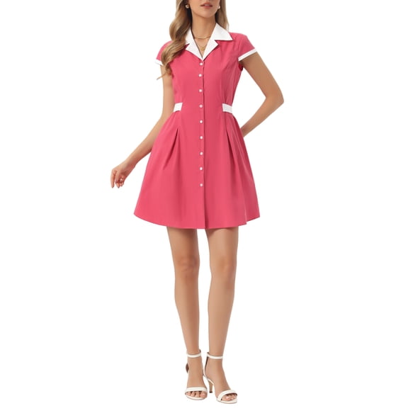 INSPIRE CHIC Women's Button Down Shirt Dress Notch Lapel Short Sleeve Belted Work Dresses L Watermelon Red