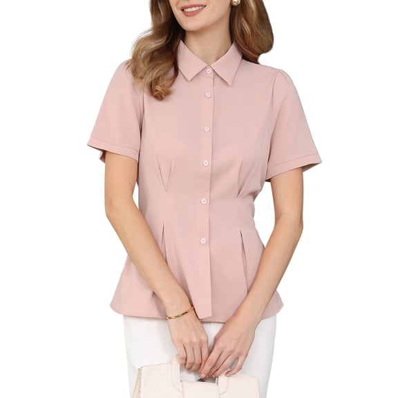 INSPIRE CHIC Women's Button Down Shirt Short Sleeve 2026 Summer Pleated Front Blouse L Pink