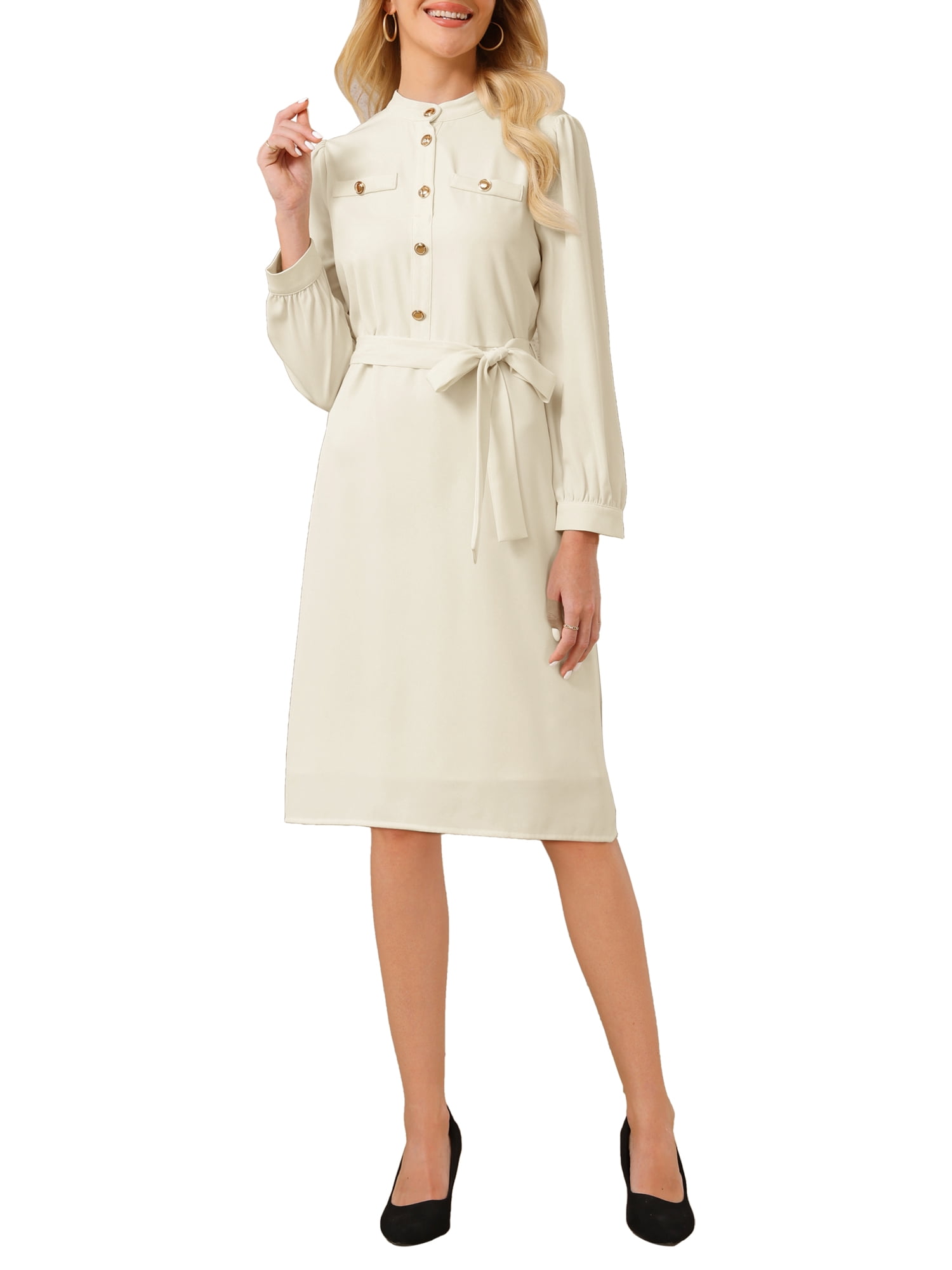 Inspire Chic Women's Button Up A-Line Dress Puff Long Sleeve Tie Waist Business Casual Knee Length Dresses M Beige, Size: Medium