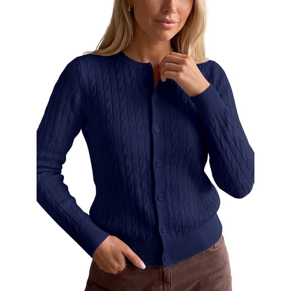 INSPIRE CHIC Women's Cable Knit Cardigan Crew Neck Long Sleeve Button Up Open Front Large Blue