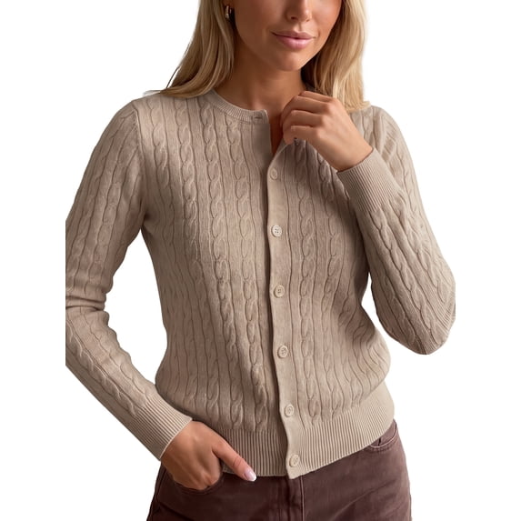 INSPIRE CHIC Women's Cable Knit Cardigan Crew Neck Long Sleeve Button Up Open Front Large Brown