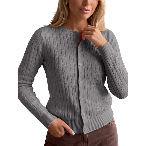 INSPIRE CHIC Women's Cable Knit Cardigan Crew Neck Long Sleeve Button Up Open Front Large Gray