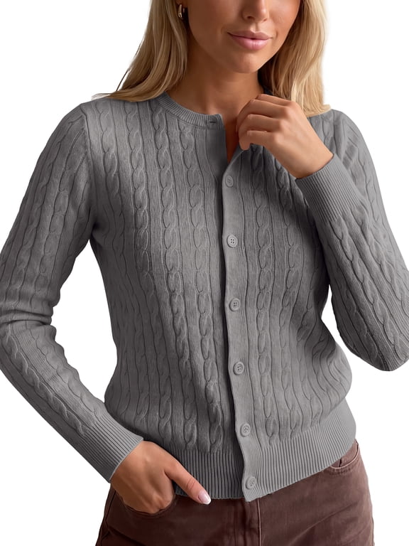 Women's Cable Knit Cardigan Crew Neck Long Sleeve Button Up Open Front Medium Gray