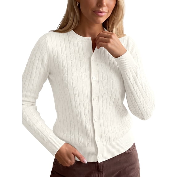INSPIRE CHIC Women's Cable Knit Cardigan Crew Neck Long Sleeve Button Up Open Front Small White