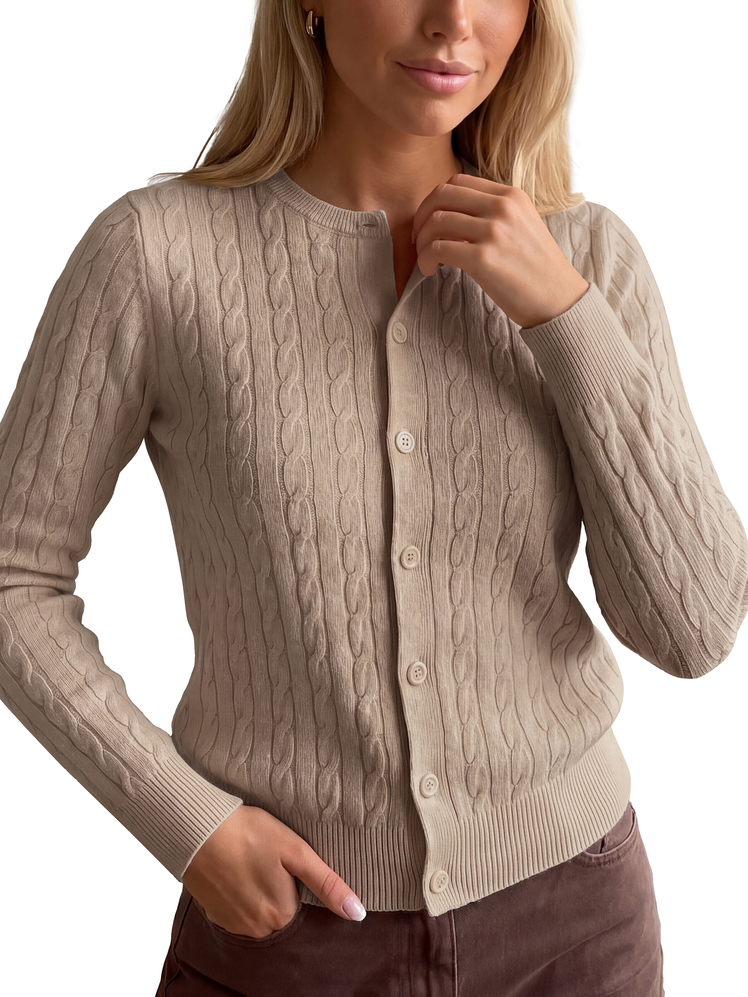 INSPIRE CHIC Women's Cable Knit Cardigan Crew Neck Long Sleeve Button Up Open Front X Large Brown